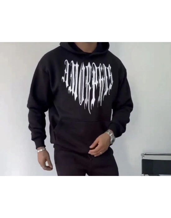 Uzun Kol Kapüşonlu Baskılı SweatShirt - Siyah -