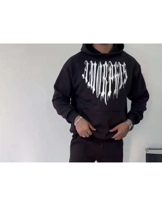 Uzun Kol Kapüşonlu Baskılı SweatShirt - Siyah -