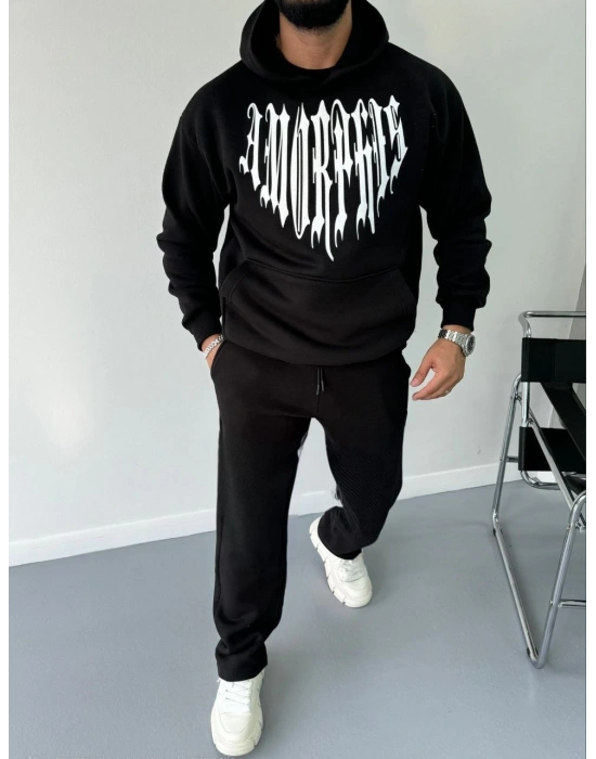 Uzun Kol Kapüşonlu Baskılı SweatShirt - Siyah -