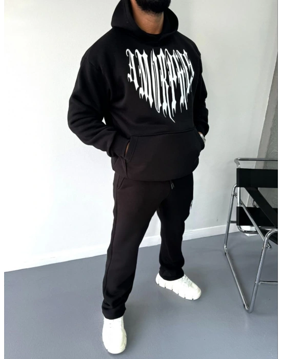 Uzun Kol Kapüşonlu Baskılı SweatShirt - Siyah -