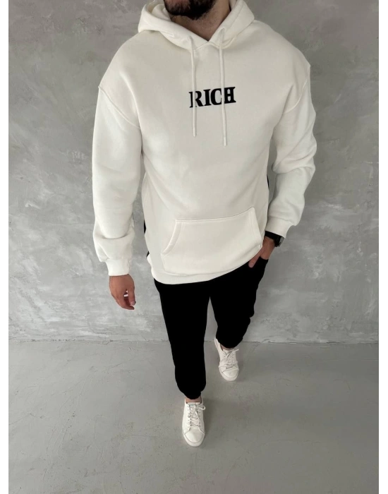 Uzun Kol Kapüşonlu Göğüs Baskılı SweatShirt - Beyaz -