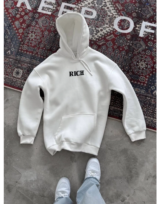 Uzun Kol Kapüşonlu Göğüs Baskılı SweatShirt - Beyaz -