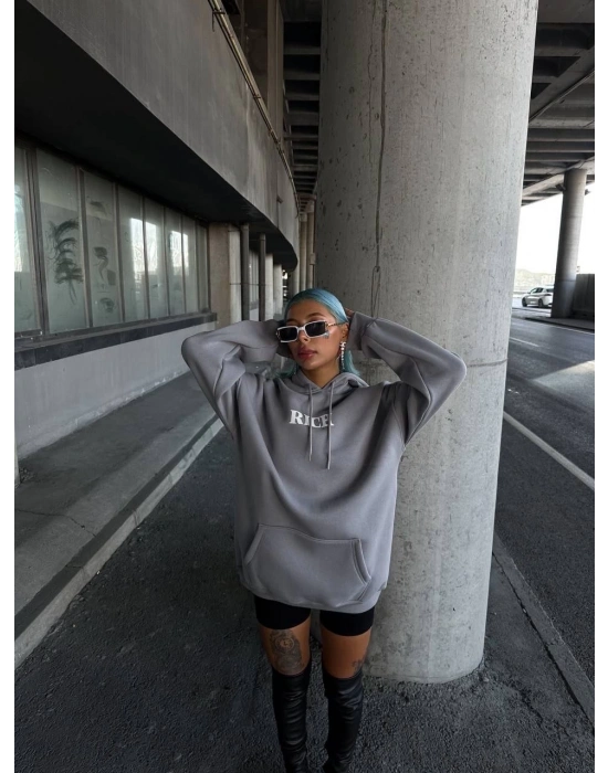 Uzun Kol Kapüşonlu Göğüs Baskılı SweatShirt - Gri