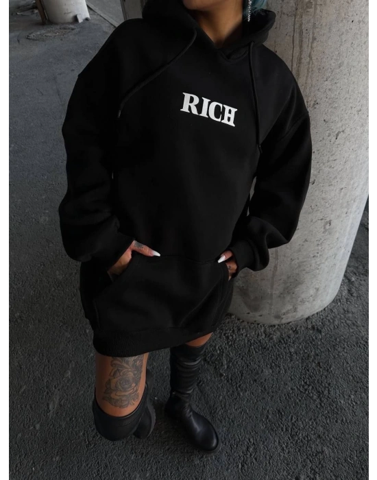 Uzun Kol Kapüşonlu Göğüs Baskılı SweatShirt - Siyah -