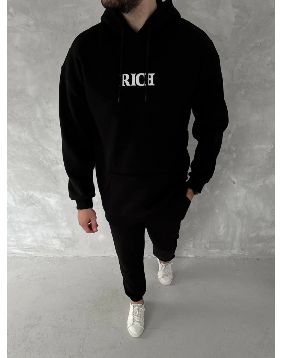 Uzun Kol Kapüşonlu Göğüs Baskılı SweatShirt - Siyah -