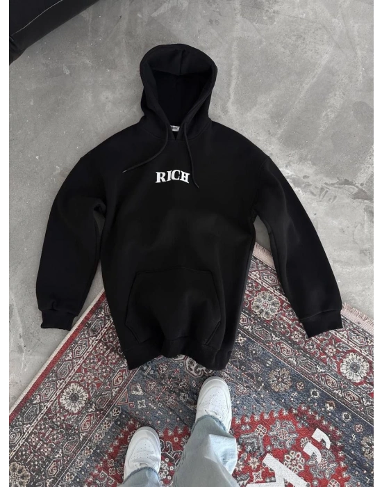 Uzun Kol Kapüşonlu Göğüs Baskılı SweatShirt - Siyah -