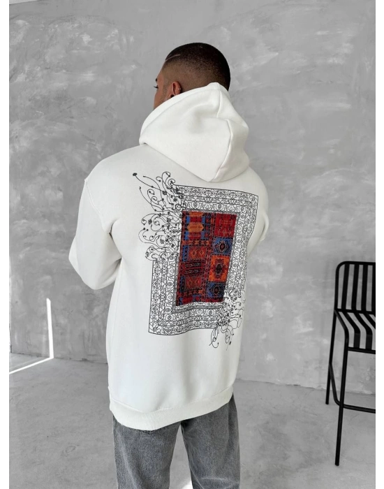 Uzun Kol Kapüşonlu Ön Ve Arka Baskılı SweatShirt - Beyaz -