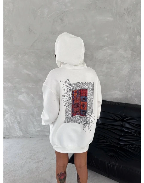 Uzun Kol Kapüşonlu Ön Ve Arka Baskılı SweatShirt - Beyaz -