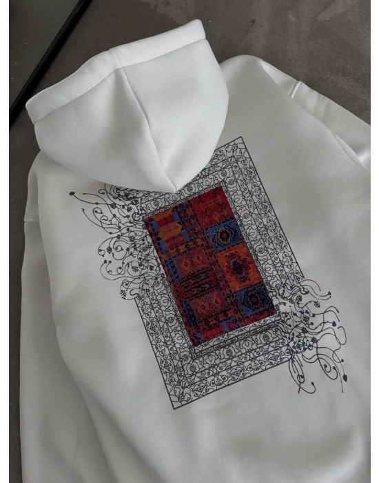 Uzun Kol Kapüşonlu Ön Ve Arka Baskılı SweatShirt - Beyaz -
