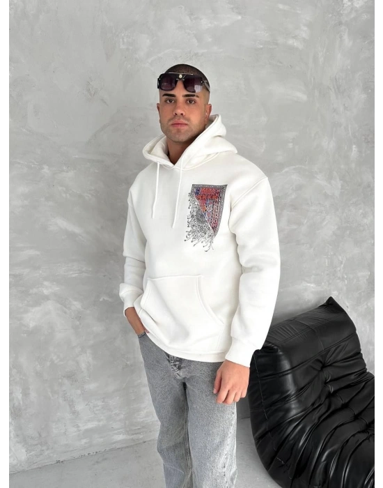 Uzun Kol Kapüşonlu Ön Ve Arka Baskılı SweatShirt - Beyaz -