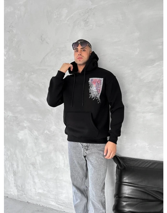 Uzun Kol Kapüşonlu Ön Ve Arka Baskılı SweatShirt - Siyah -