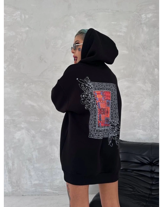 Uzun Kol Kapüşonlu Ön Ve Arka Baskılı SweatShirt - Siyah -