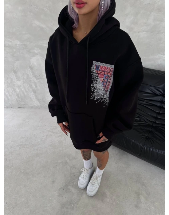 Uzun Kol Kapüşonlu Ön Ve Arka Baskılı SweatShirt - Siyah -