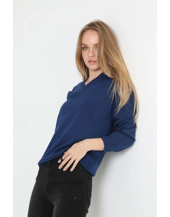 Uzun Kol V Yaka Triko Kazak - Indigo