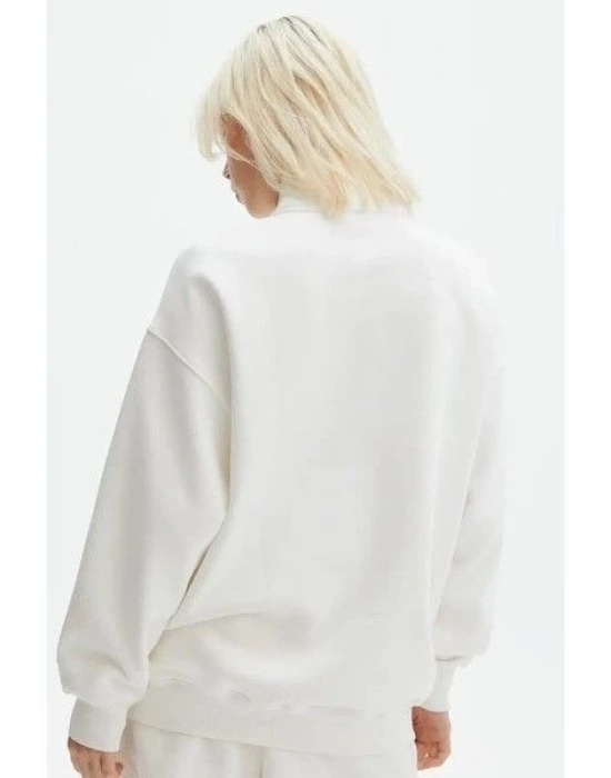 Uzun Kol Yarım Farmuarlı Yakalı Basic SweatShirt - Beyaz