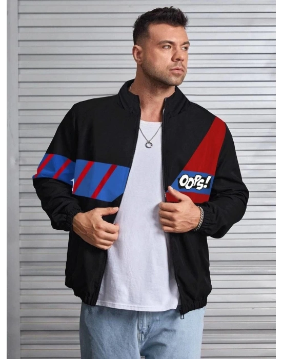 Uzun Koll Fermuarlı Baskılı Rüzgarlik - Siyah -