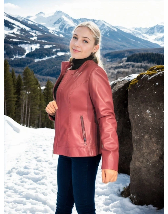 Uzun Kollu Deri Ceket - Bordo