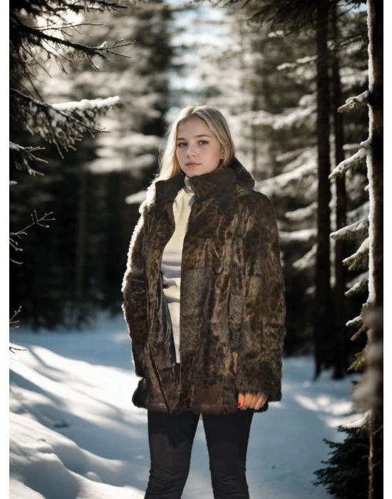 Uzun Kollu Deri Ceket - Leopar -