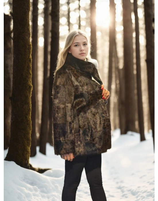 Uzun Kollu Deri Ceket - Leopar -