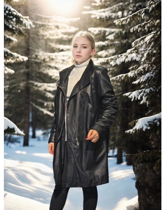 Uzun Kollu Hakiki Deri Ceket - Siyah