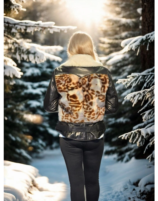 Uzun Kollu Hakiki Deri Kürk - Siyah