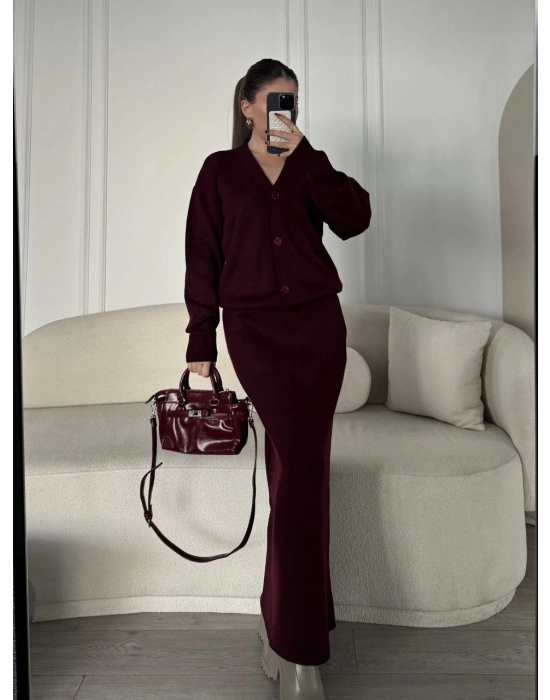 V Yaka 3 Düğmeli Hırka Takım Triko İkili Etekli - Bordo -