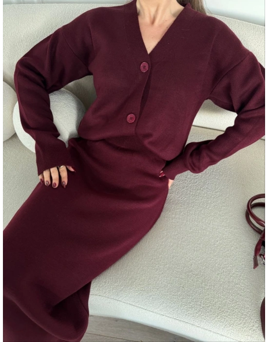 V Yaka 3 Düğmeli Hırka Takım Triko İkili Etekli - Bordo -