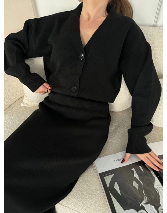 V Yaka 3 Düğmeli Hırka Takım Triko İkili Etekli - Siyah