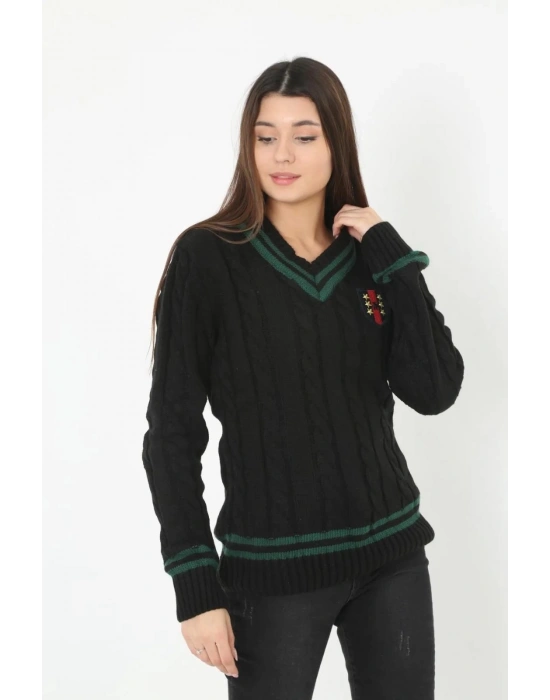 V Yaka Örgülü Kazak - Siyah -