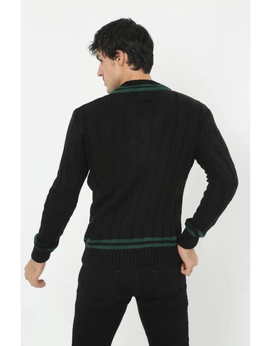 V Yaka Örgülü Kazak - Siyah -