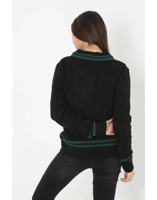 V Yaka Örgülü Kazak - Siyah -