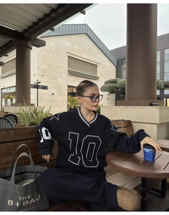 V Yaka Üç İplik Sweat Takım - Siyah -