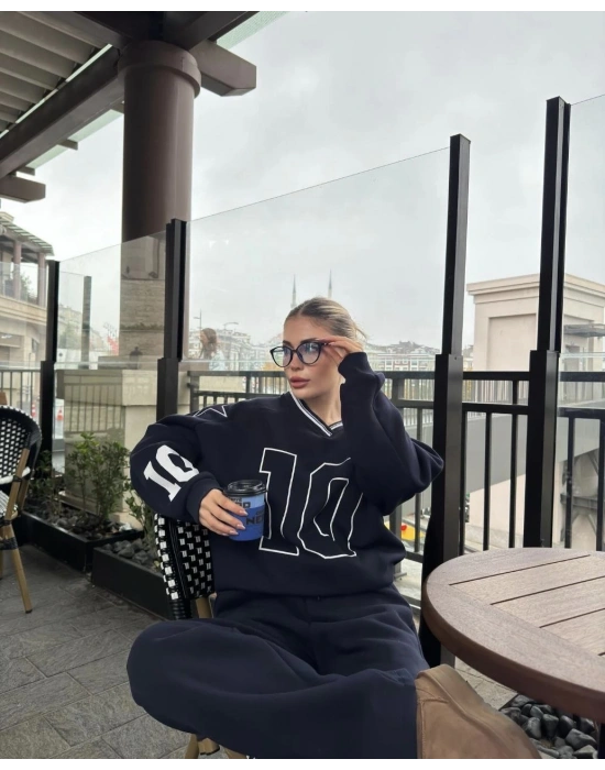 V Yaka Üç İplik Sweat Takım - Siyah -