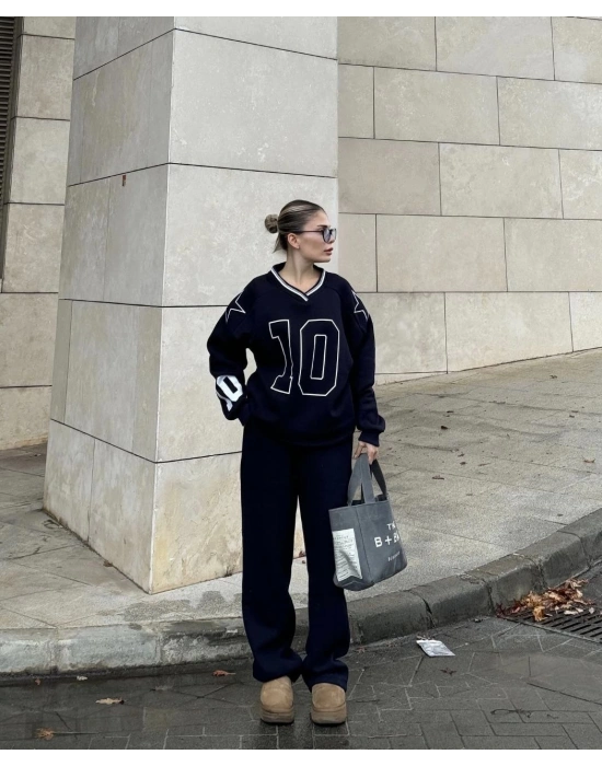 V Yaka Üç İplik Sweat Takım - Siyah -