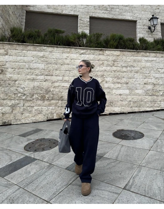 V Yaka Üç İplik Sweat Takım - Siyah -