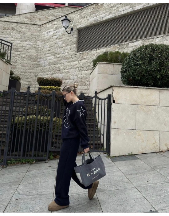 V Yaka Üç İplik Sweat Takım - Siyah -