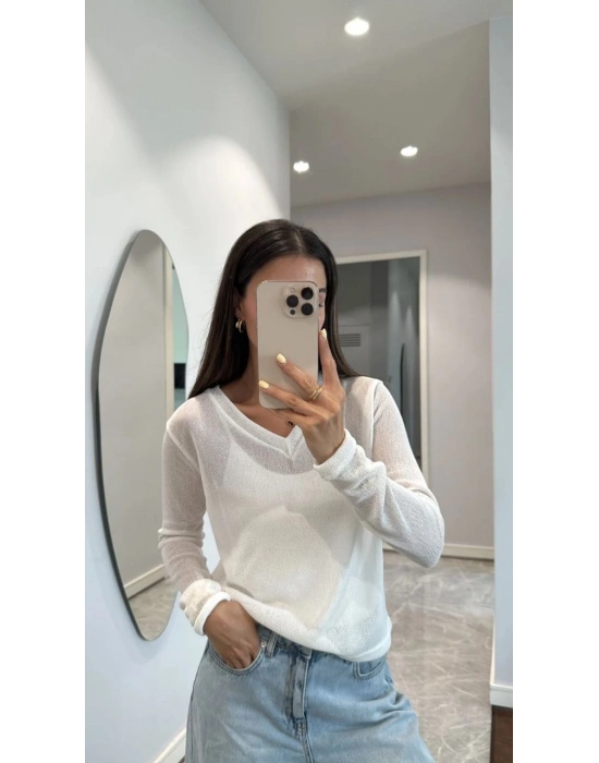 V Yaka uzun Kollu Triko ince Bluz - Beyaz