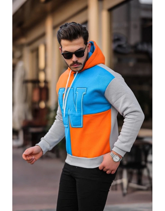 W Nakış İşlemeli Kapüşonlu Sweatshirt - Mavi