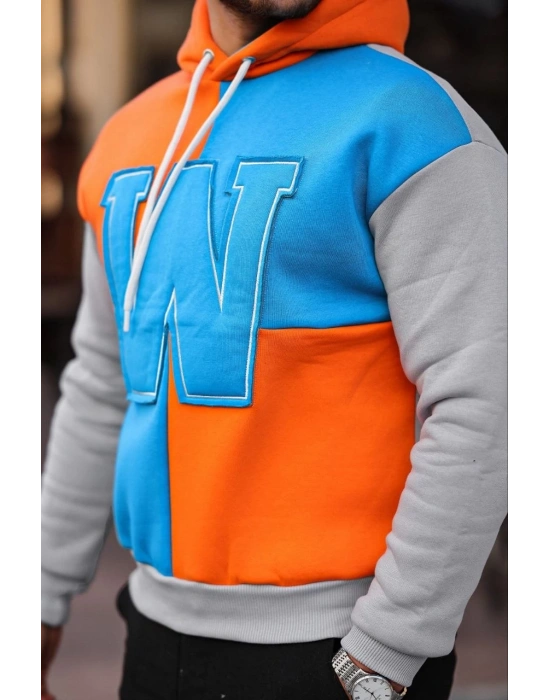 W Nakış İşlemeli Kapüşonlu Sweatshirt - Mavi