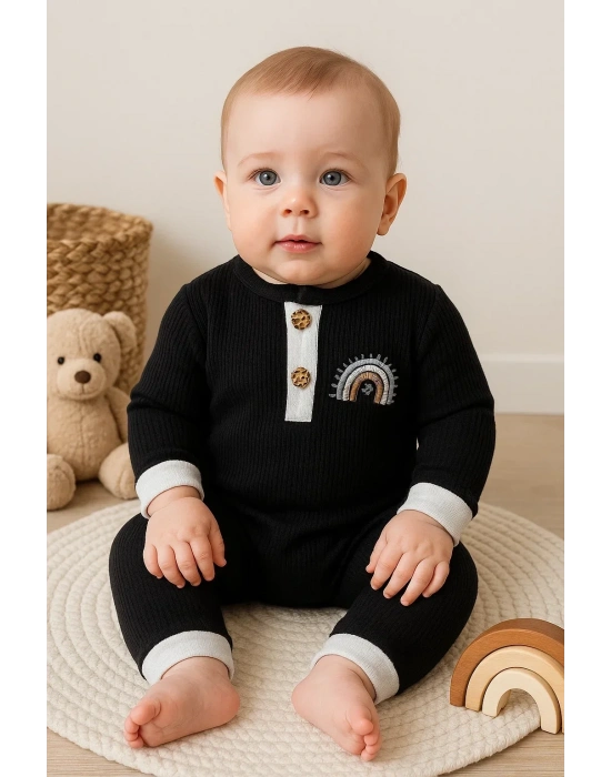 Waffle Gökkuşağı Nakışlı Erkek Bebek Tulumu