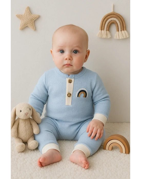 Waffle Gökkuşağı Nakışlı Erkek Bebek Tulumu