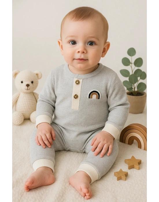 Waffle Gökkuşağı Nakışlı Erkek Bebek Tulumu