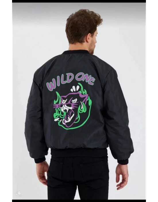 Wild One Baskılı   Bomber Mont – Panter Desenli, Fermuarlı, Kapitone Astarlı Ceket - Siyah -