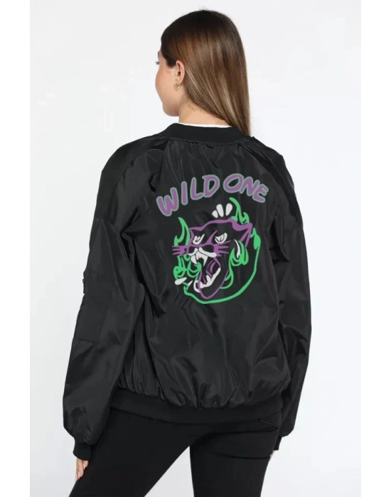 Wild One Baskılı Bomber Mont- Siyah -