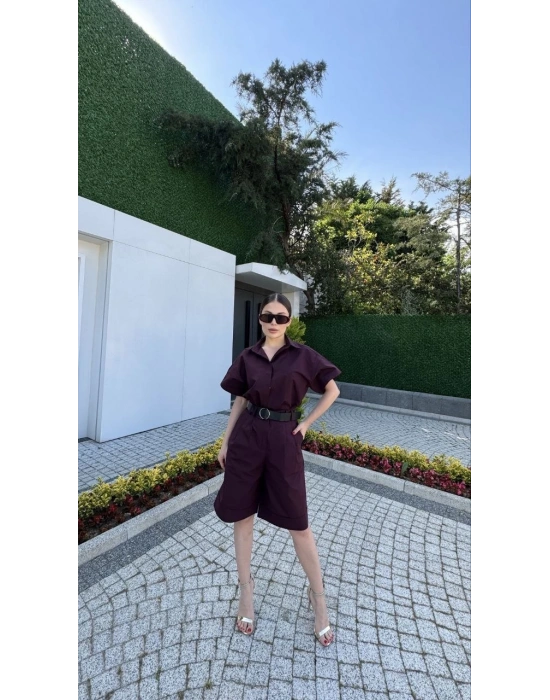 Yakalı Gömlek Kemerli Şortlu Takım - Bordo -