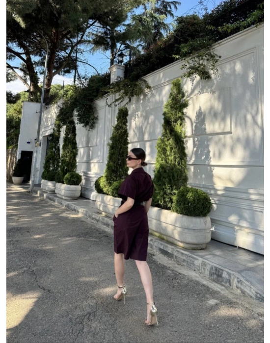 Yakalı Gömlek Kemerli Şortlu Takım - Bordo -