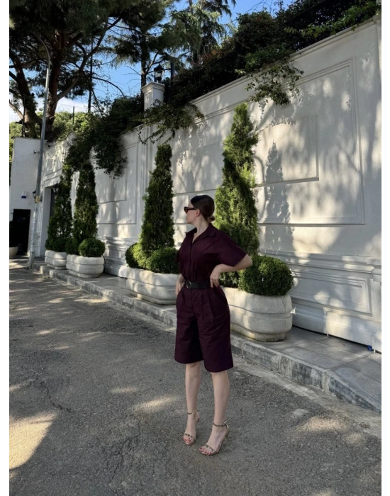 Yakalı Gömlek Kemerli Şortlu Takım - Bordo -