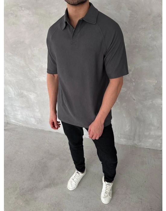 Yakalı Patlı Kısa Kol T-shirt - Antrasit -