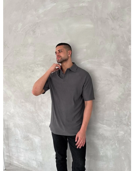 Yakalı Patlı Kısa Kol T-shirt - Antrasit -