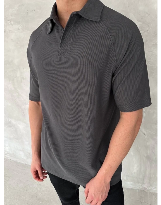 Yakalı Patlı Kısa Kol T-shirt - Antrasit -